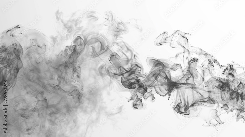 Fototapeta premium Black and white smoke billowing and swirling against a stark white background, creating an abstract and artistic effect