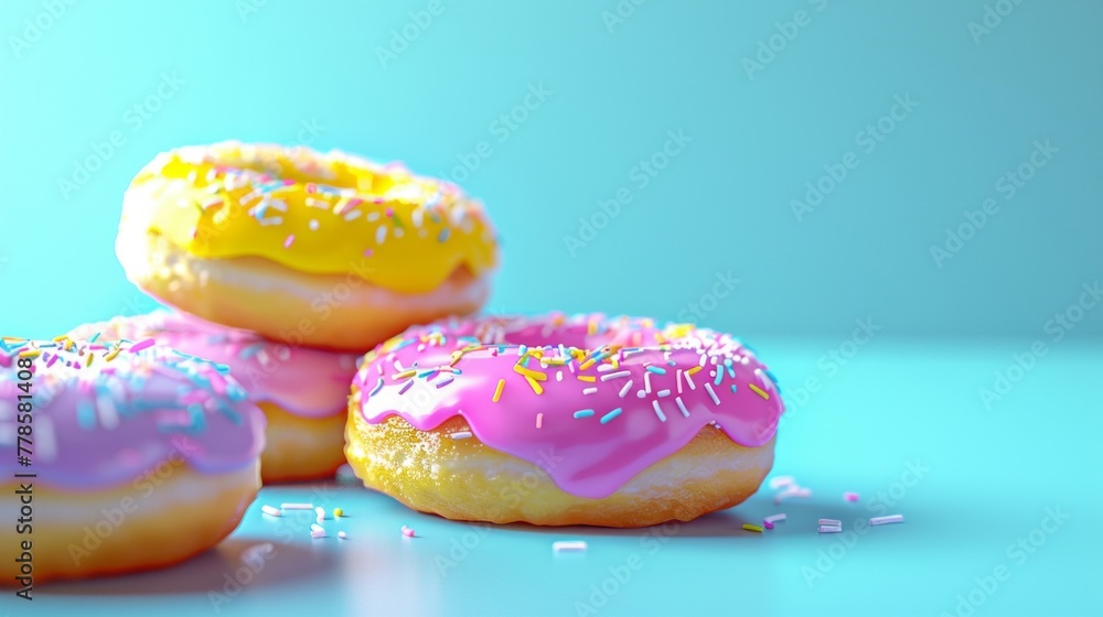 A variety of delicious doughnuts placed neatly on a table with a light pastel blue background