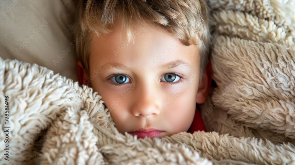 A young boy is lying in bed covered by a blanket A young boy is lying in bed covered by a blanket