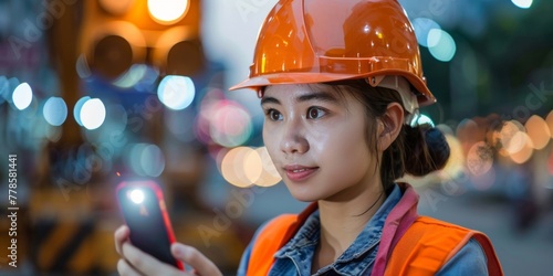 An aasian woman wearing an orange hard hat is holding a cell phone in a construction site