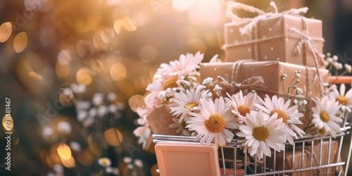 A basket filled to the brim with lots of white flowers and gifts