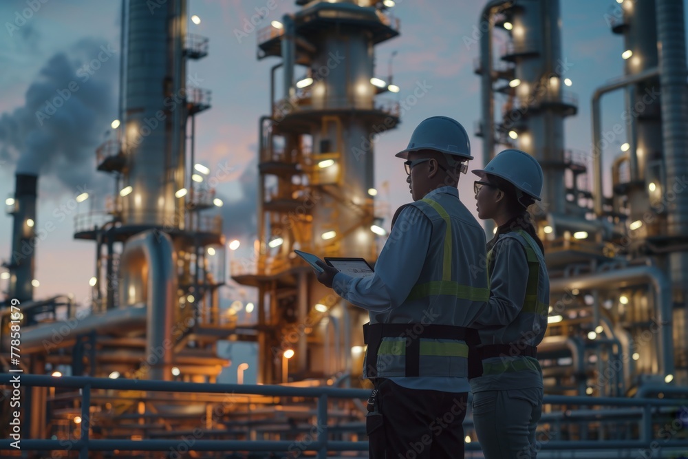Workers discussing the work plan at an oil refinery Workers discussing the work plan at an oil refinery