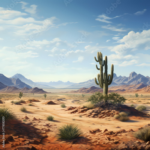 A desert landscape with a lone cactus.