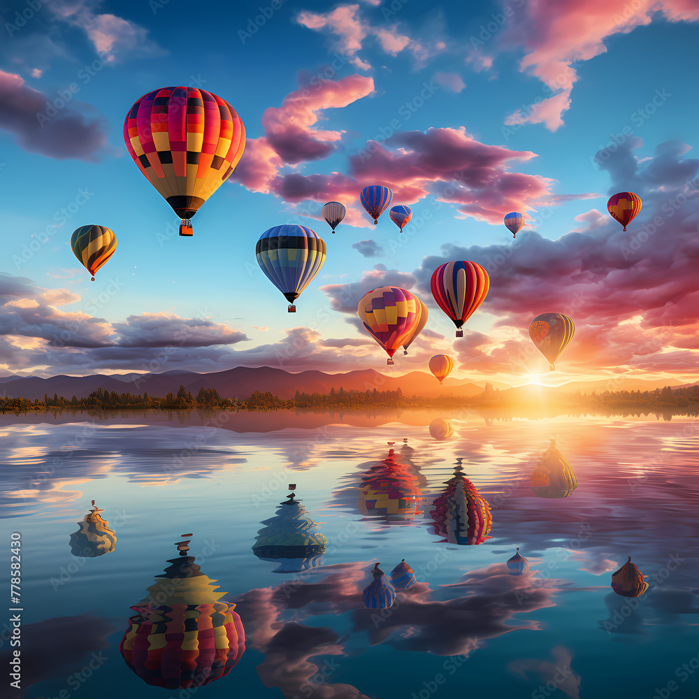 A group of colorful hot air balloons against a sunset - obrazy, fototapety, plakaty 