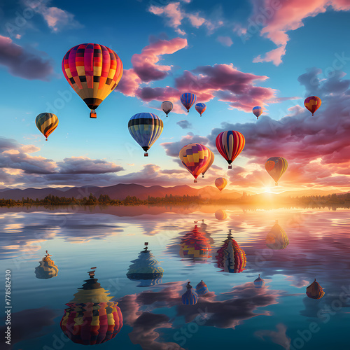 A group of colorful hot air balloons against a sunset