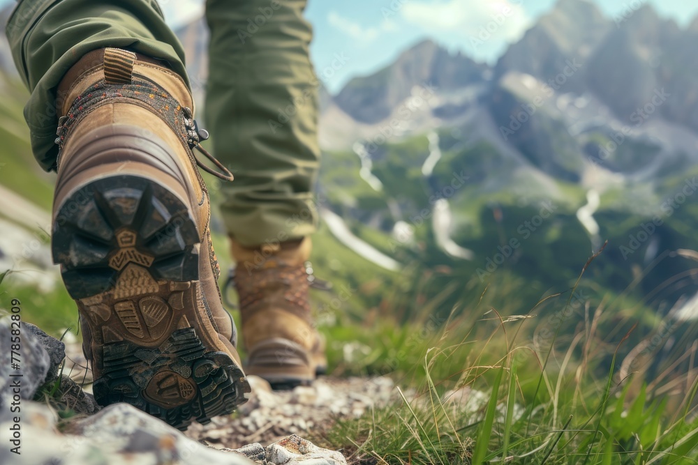 Hiking boots on the edge of a cliff with a mountain view Hiking boots on the edge of a cliff with a mountain view