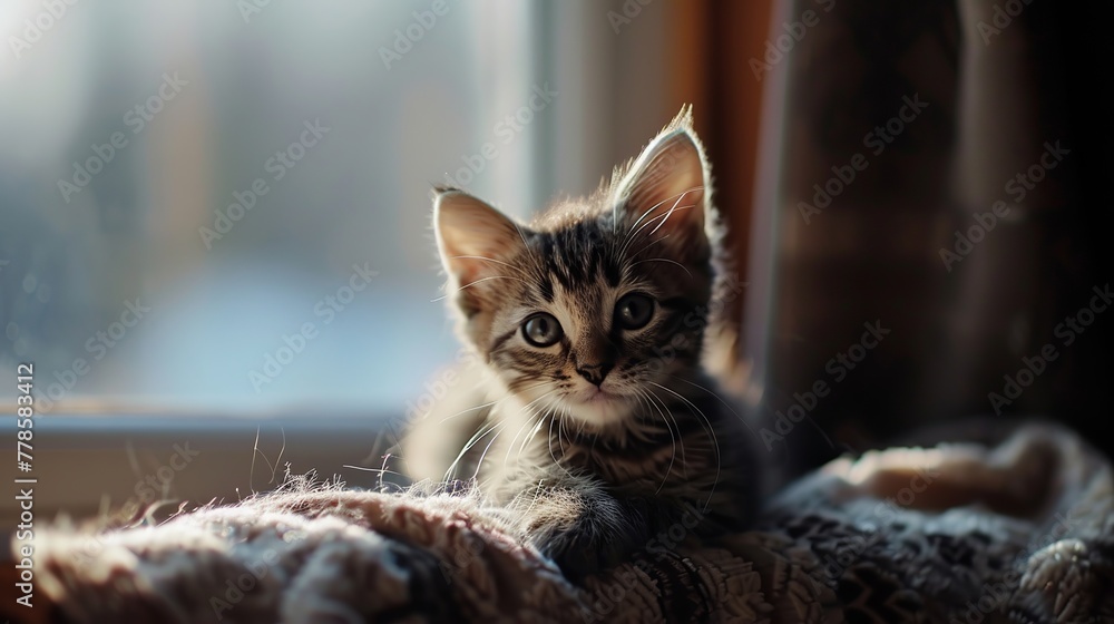 Warm and Cozy Portrait of a Fluffy Tabby Kitten Resting on a Textured Blanket by the Window, Illuminated by Sunlight Warm and Cozy Portrait of a Fluffy Tabby Kitten Resting on a Textured Blanket by the Window, Illuminated by Sunlight