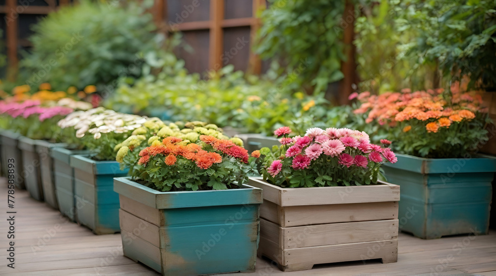 Green plants in boxes. Colorful chrysanthemum flowers in garden. Daisy flowers in pots. Outdoor flower pots with flowers and plants .generative.ai