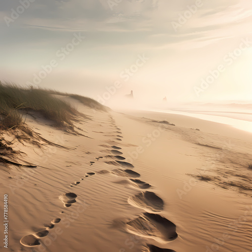 A trail of footprints in the sand leading into a festering mist photo