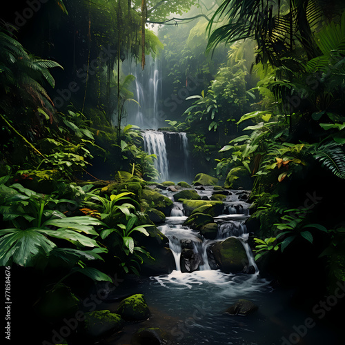 A waterfall in a lush tropical rainforest. 