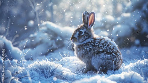 Frosty Serenity: A Detailed Depiction of a Wild Rabbit Amidst a Snowfall
