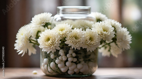 White chrysanthemum flowers on a jar as decoration  with a blurry background.generative.ai