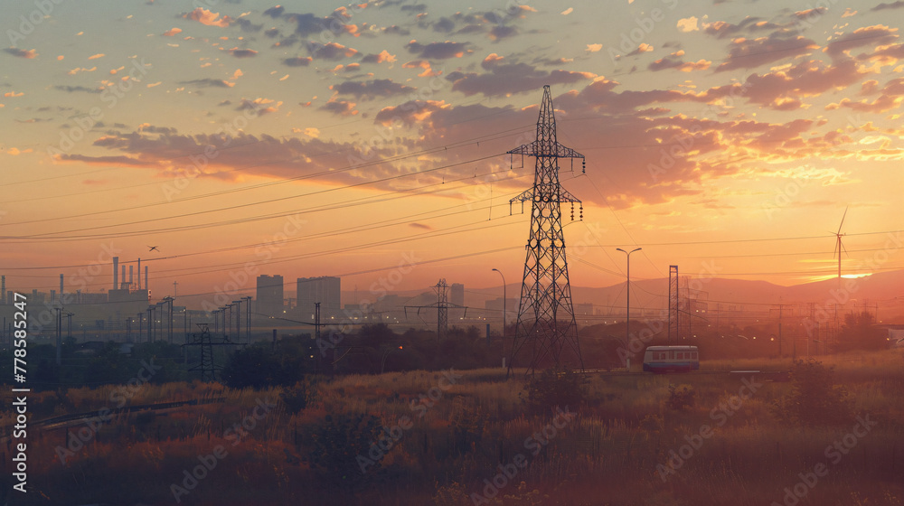 Highvoltage line, high Hackel tower and city landscape at sunset with beautiful sky. Energy technology concept in the field near urban area on background. 