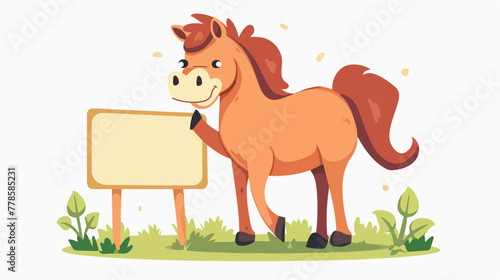 Horse with blank sign board 2d flat cartoon vactor