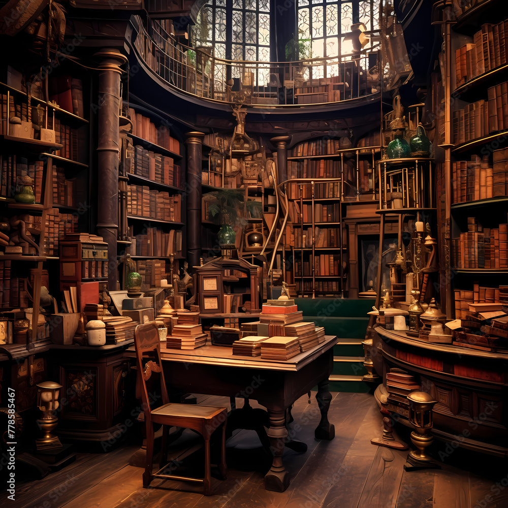 An old bookshop with shelves filled with antique books