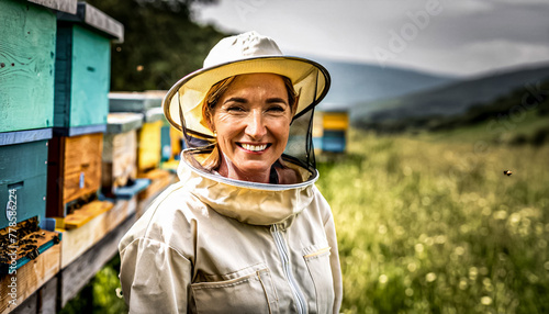 APICULTORA DE MEIA IDADE FELIZ E ORGULHOSA DE SUA PRODUÇÃO photo