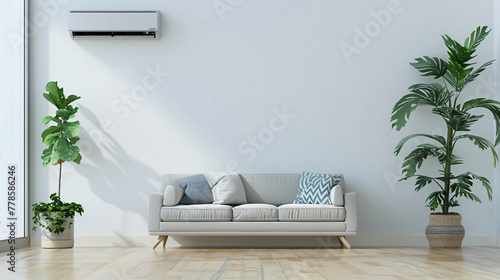 Modern living room interior with an air conditioner and sofa against a white wall, with plant pots, conveying a concept of summer home comfort. 3D rendered illustration of a modern air conditioning  photo