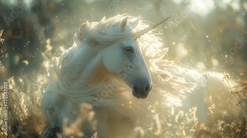A stunning white unicorn in a mystical sunlit forest, depicting a sense of wonder and enchantment among flaring light. Dreamlike fantasy concept.