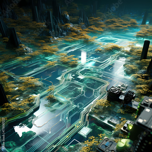 Crystal-clear river flowing through a circuit board