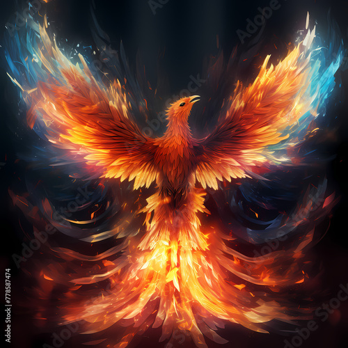 Digital phoenix rising from a pixelated fire.  © Cao