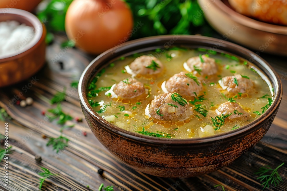 Soup with meatballs sprinkled with a bit of dill on a wooden table. German cuisine.