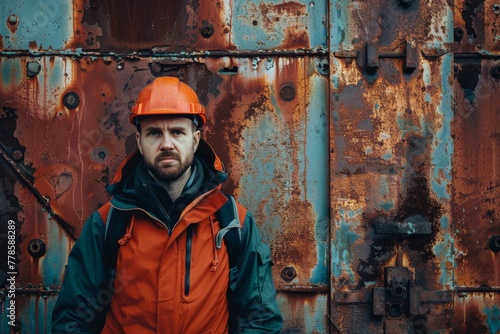 Worker in hardhat and backpack against rusty iron wall. Industrial portrait.