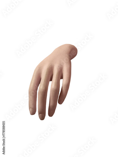 Mannequin hand on a white background. Space for text.