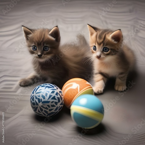 A trio of kittens with different coat patterns, chasing a rolling ball toy3 photo