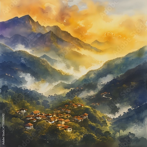 Sun-Kissed Mountains: Tranquil Hamlet./n