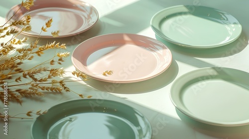 non shiny plastic dull pastel plates on spring table with wheat plants. generative AI photo