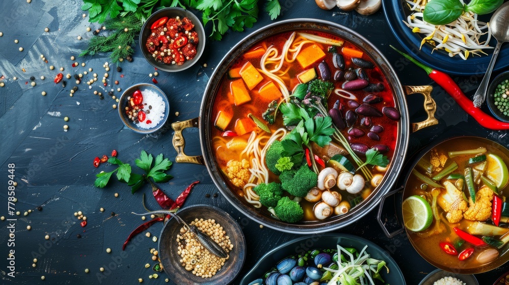 Colorful vegetarian hotpot a feast of plant-based ingredients Colorful vegetarian hotpot a feast of plant-based ingredients