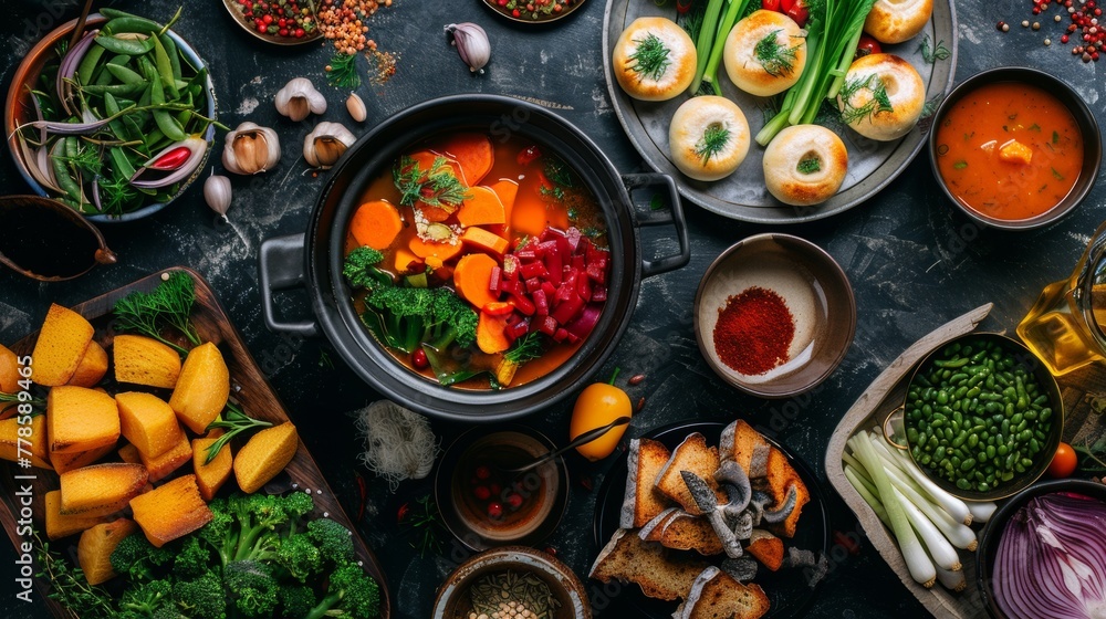 Colorful vegetarian hotpot a feast of plant-based ingredients