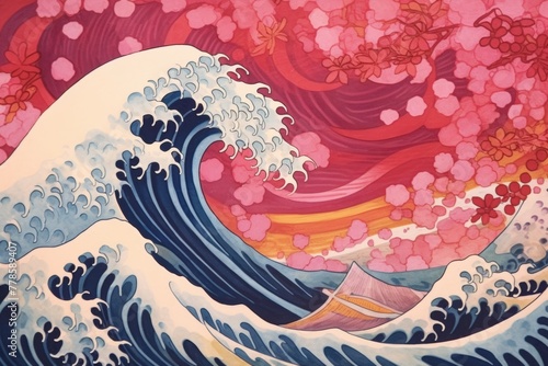 Wave Ukiyo-e painting, whimsical abstract landscapes romantic, dreamy, elegant 