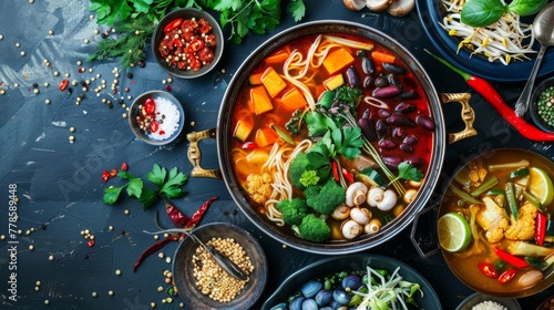 Colorful vegetarian hotpot a feast of plant-based ingredients