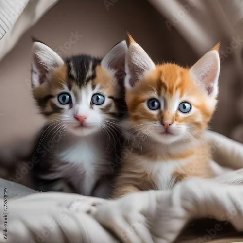 A pair of kittens with colorful collars, peeking out from under a blanket with curiosity4