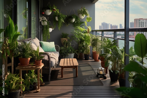 Balcony with Lush Greenery and Automated Garden, Urban Apartment Landscaping Concept © Lazarenko O.