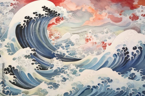 Wave Ukiyo-e painting, whimsical abstract landscapes romantic, dreamy, elegant 