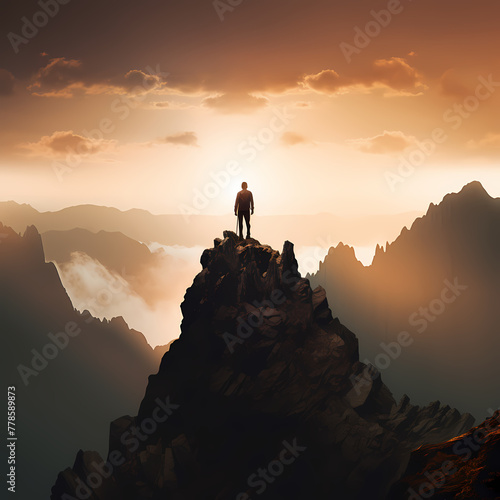 Silhouette of a person standing on a mountain peak