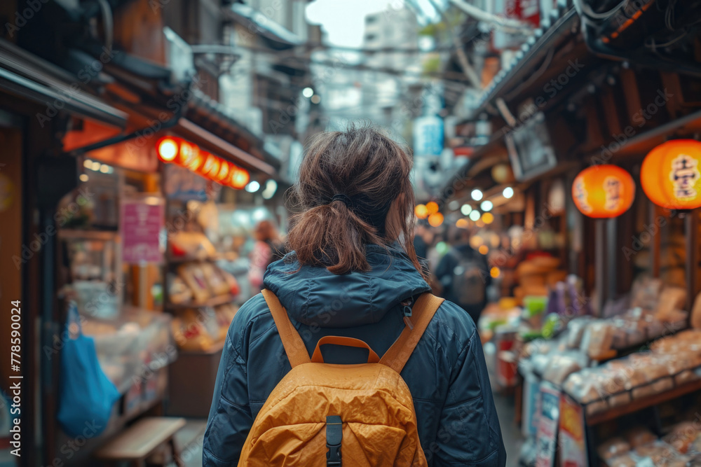 Female Digital Nomad with Backpack Explores Local Market, Digital Nomad Cultural Immersion Concept Female Digital Nomad with Backpack Explores Local Market, Digital Nomad Cultural Immersion Concept