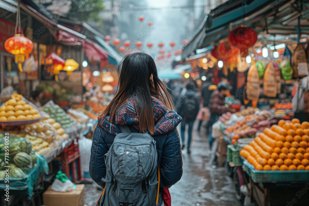 Obraz premium Female Digital Nomad with Backpack Explores Local Market, Digital Nomad Cultural Immersion Concept