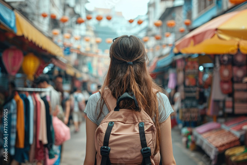 Female Digital Nomad with Backpack Explores Local Market, Digital Nomad Cultural Immersion Concept