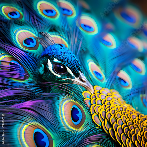 A close-up of a peacocks vibrant feathers.
