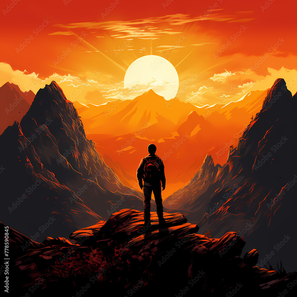 A silhouetted figure watching the sunset on a mountaintop