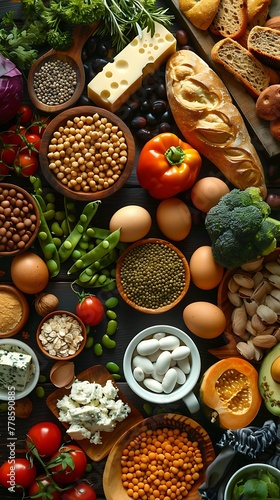 Vegetarian Diet Visual, highlighting vegetarian-friendly foods like legumes, tofu, tempeh, eggs, dairy products, and a variety of fruits and vegetables