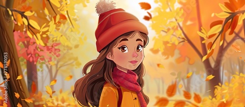 A cartoon girl with a hat and scarf is joyfully standing in a forest, surrounded by trees and nature. She is part of a fun and colorful landscape painting