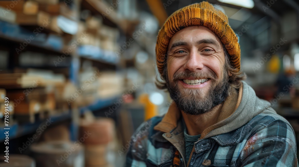 Photo portrait of young happy carpenter while working in his workshop.