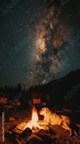 A wise old Labrador lies beside a crackling campfire, sharing stories and warmth with a group of campers under a starlit sky, representing the timeless connection between dogs and humans low noise