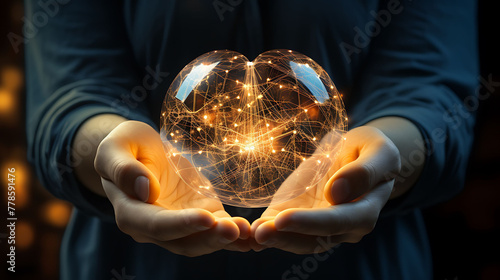 "Blue and Yellow Virtual Heart Shape Network in Hands - Health Data, Information Exchange, Data Visualization, Futuristic Interface - Glowing Lines, Intricate Patterns"