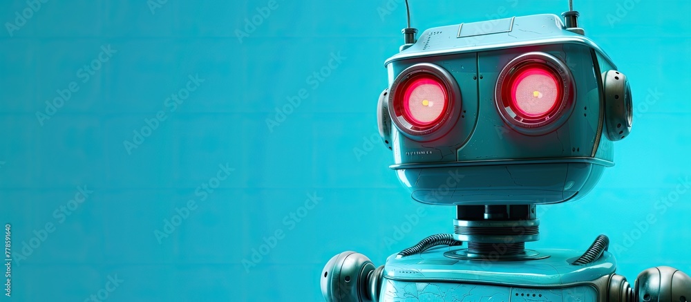 An automated machine with red automotive lighting eyes on a vibrant blue background, resembling a camera accessory with electric blue and magenta tones An automated machine with red automotive lighting eyes on a vibrant blue background, resembling a camera accessory with electric blue and magenta tones