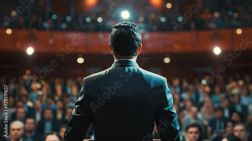 聴衆の前に立つスーツ姿の男性の後ろ姿 photo